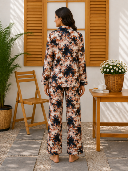 Women’s Tropical Palm Printed Linen Pajama Set – Printed Sleepwear