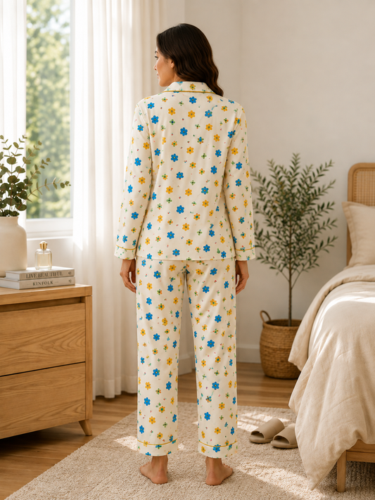 Women’s White Floral Printed Linen Pajama Set – Multicolor Flower Sleepwear