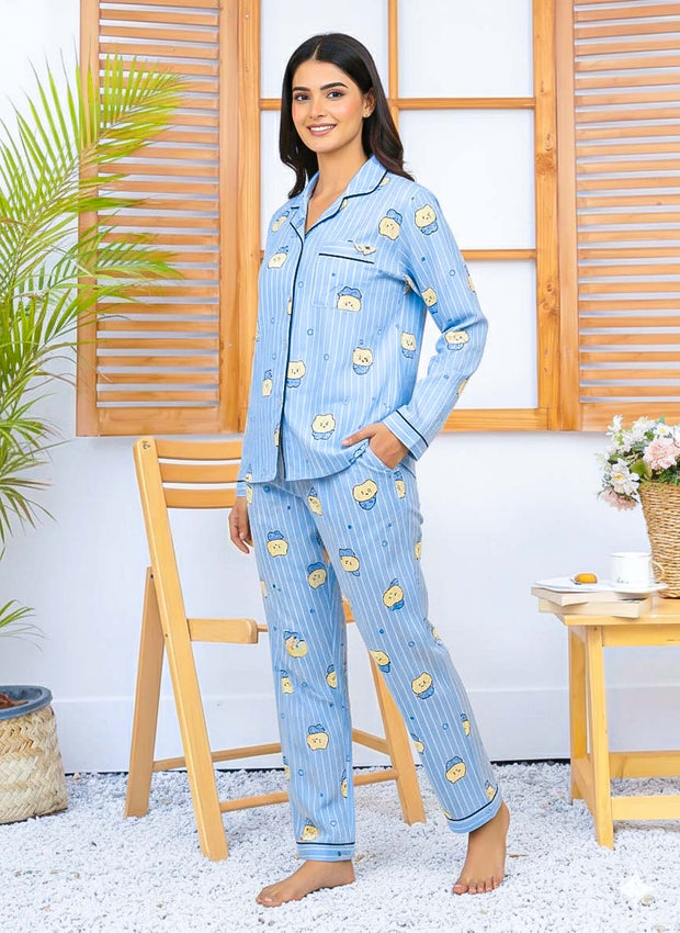 Imported Linen Printed Sky Blue Snow PJ Set