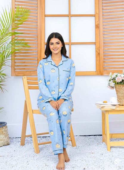 Imported Linen Printed Sky Blue Snow PJ Set