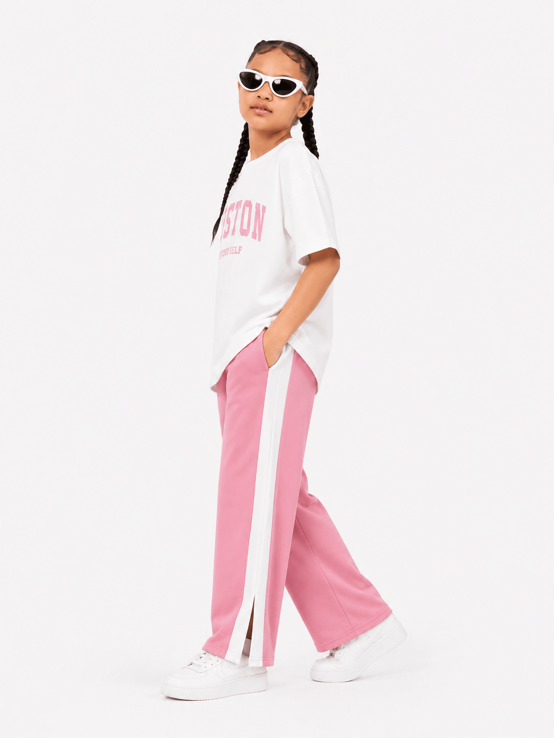 Girls Pink Drop Shoulder Co-Ord Set – Oversized T-Shirt & Wide Leg Trouser