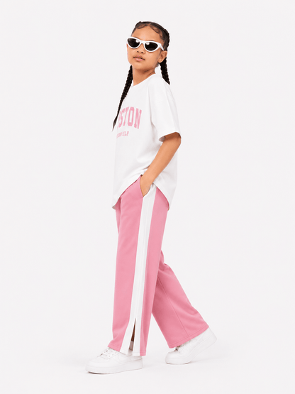 Girls Pink Drop Shoulder Co-Ord Set – Oversized T-Shirt & Wide Leg Trouser