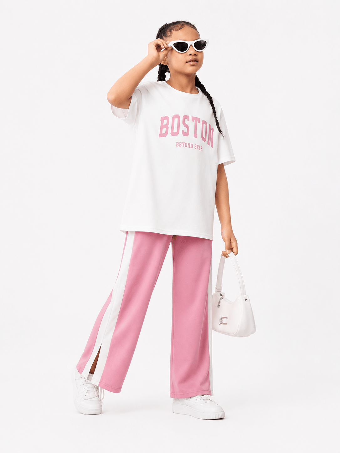 Girls Pink Drop Shoulder Co-Ord Set – Oversized T-Shirt & Wide Leg Trouser