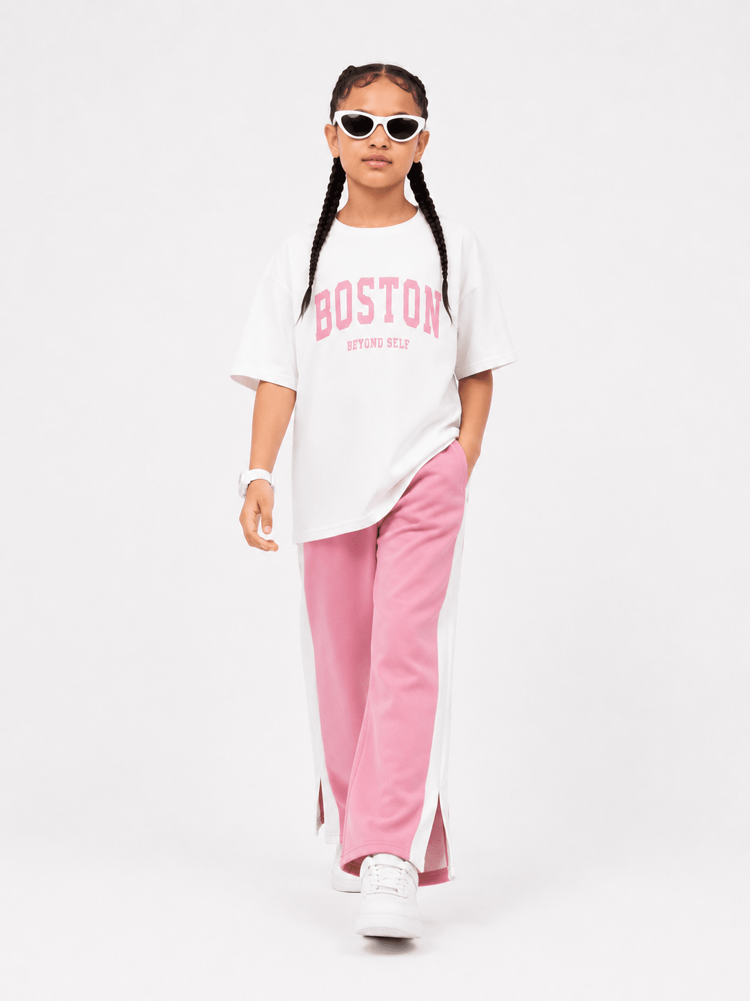 Girls Pink Drop Shoulder Co-Ord Set – Oversized T-Shirt & Wide Leg Trouser