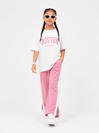 Girls Pink Drop Shoulder Co-Ord Set – Oversized T-Shirt & Wide Leg Trouser
