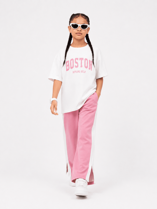Girls Pink Drop Shoulder Co-Ord Set – Oversized T-Shirt & Wide Leg Trouser