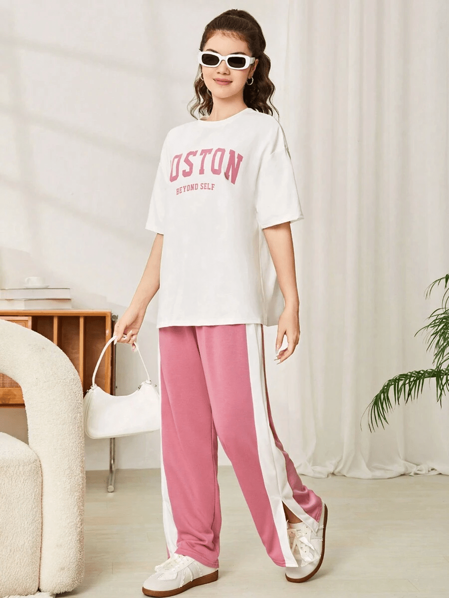 Girls Pink Drop Shoulder Co-Ord Set – Oversized T-Shirt & Wide Leg Trouser