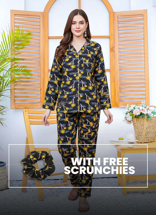 Imported Linen Printed Yellow Tree Shade PJ Set