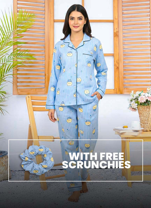 Imported Linen Printed Sky Blue Snow PJ Set