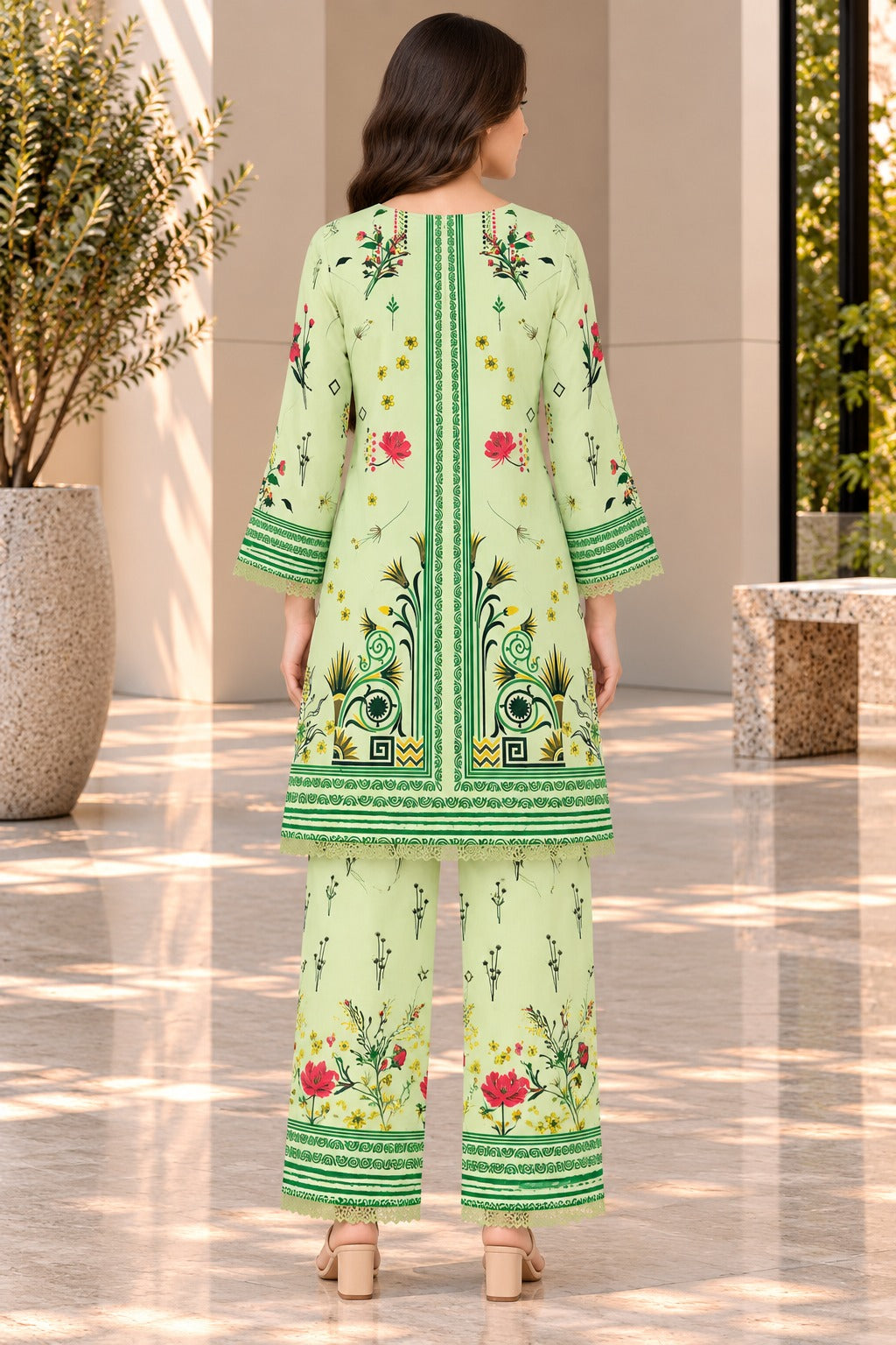 Pastel Green Floral Printed 2 Piece Suit | Printed Kurta & Trouser Set