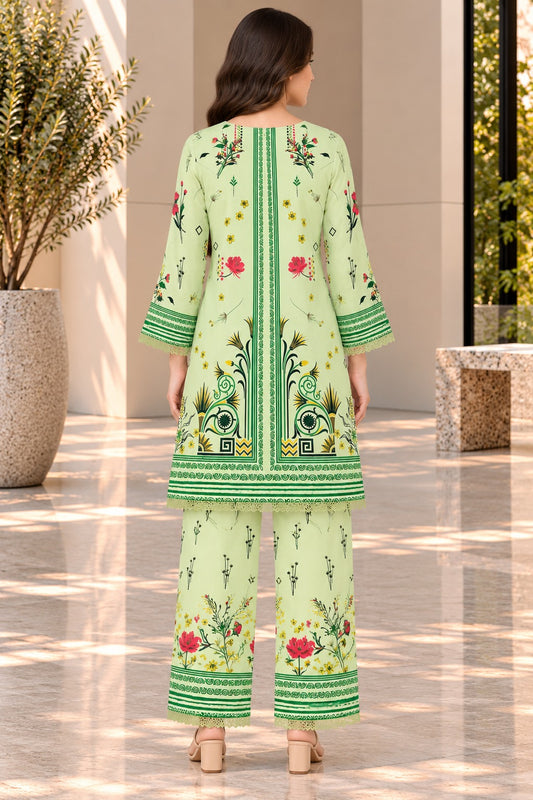 Pastel Green Floral Printed 2 Piece Suit | Printed Kurta & Trouser Set